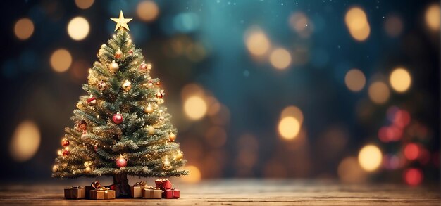 Christmas tree with presents on bokeh background Banner with copy space