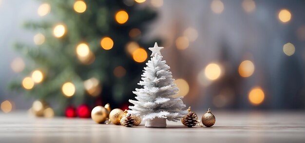 Christmas tree with presents on bokeh background Banner with copy space