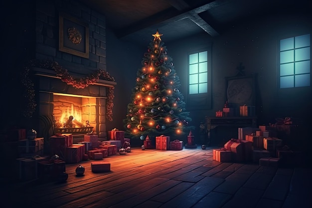 Christmas tree with presents and fireplace in dark room 3D rendering interior christmas magic glowing tree fireplace Ai Generated