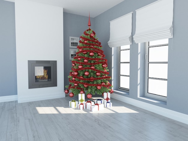 Christmas tree with presents in room with white walls and window and sofa