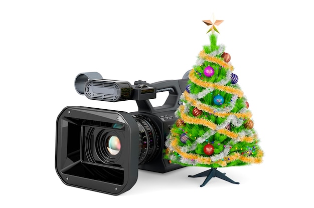 Christmas tree with professional video camera 3D rendering