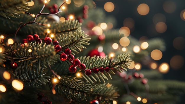 A Christmas tree with red berries and lights