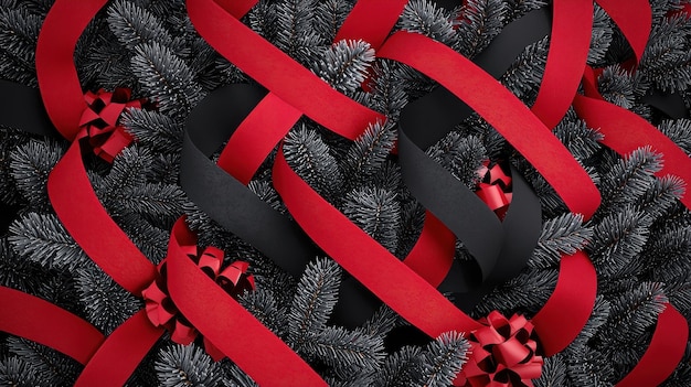 Photo a christmas tree with red and black ribbons