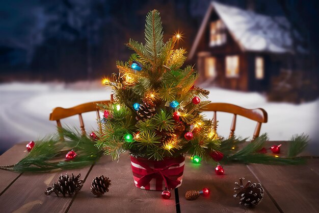 a christmas tree with a red bow sits in front of a cabin