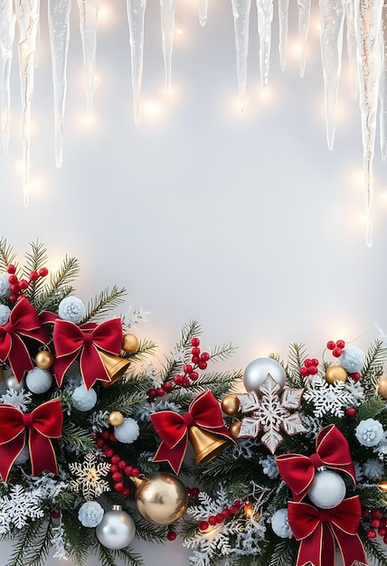 a christmas tree with a red bow and white snowflakes hanging from the ceiling