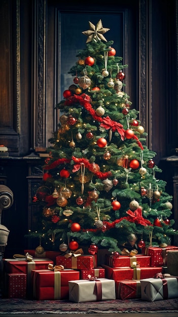 a christmas tree with a red and gold decoration