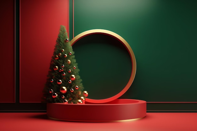 Christmas tree with red and green decorations on a red background