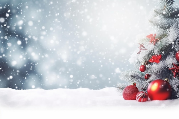 A christmas tree with a red hat and red socks sits in the snow.