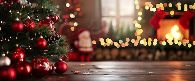 Christmas tree with red ornaments and bokeh lights on wooden table room background