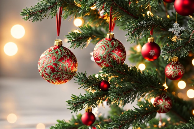 Christmas tree with red ornaments hanging from the branches