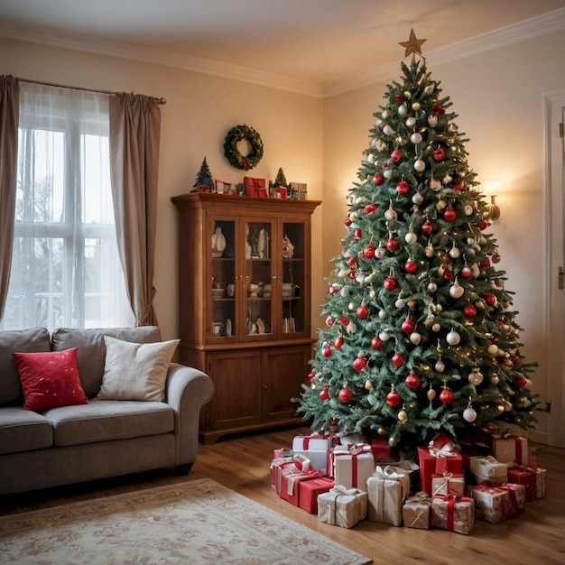 a christmas tree with a red ribbon and a christmas tree in the corner