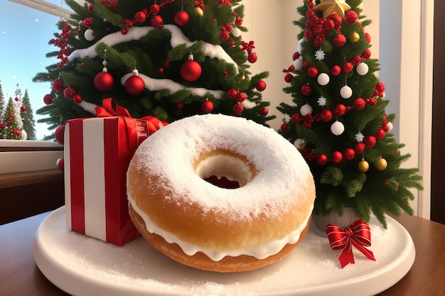 A christmas tree with red and white ornaments and a donut on it