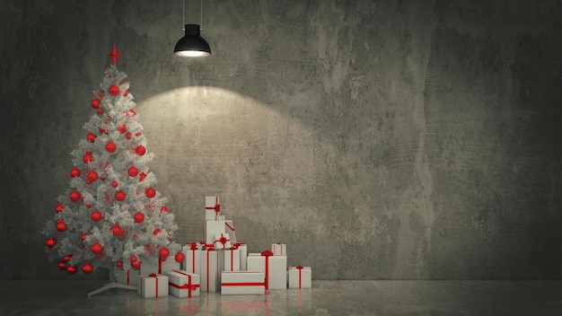 A christmas tree with a red and white ornaments is surrounded by a black lamp.