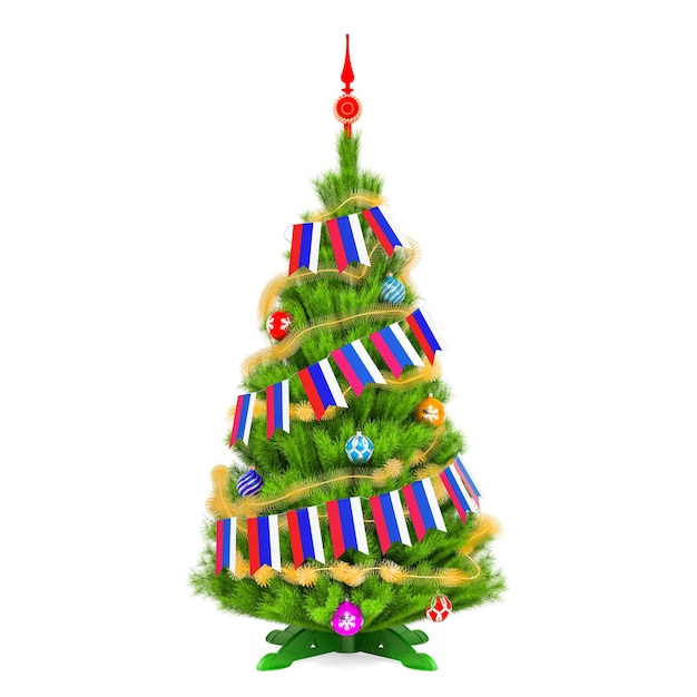 Christmas tree with Russian Xmas pennant flags 3D rendering