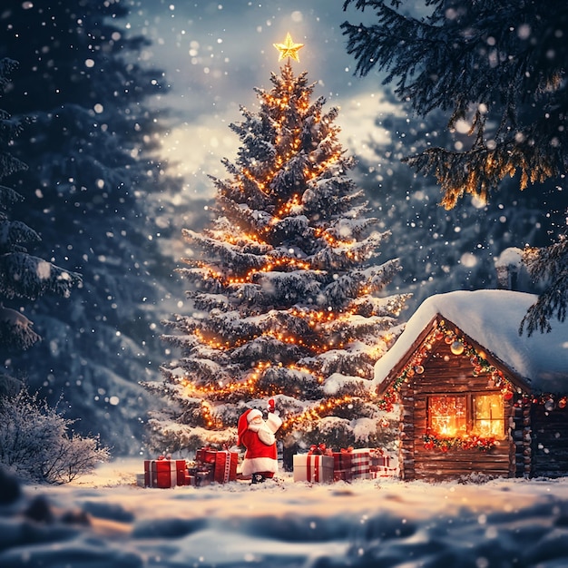 a christmas tree with a santa hat is in front of a cabin with a santa hat on