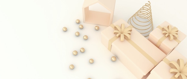 Christmas tree with small house Golden sphere ball, a gift box, and cream background.3D Rendering