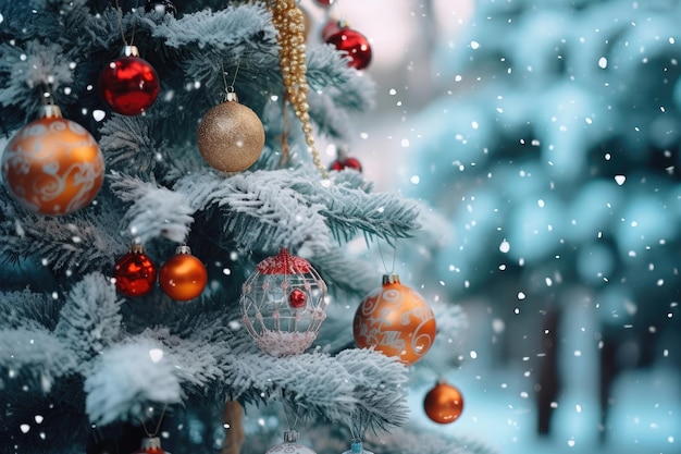 Christmas tree with snow close up