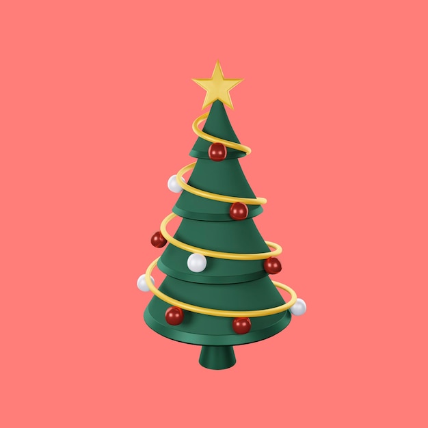 Christmas tree with star, Merry Christmas and Happy New Year. 3d render