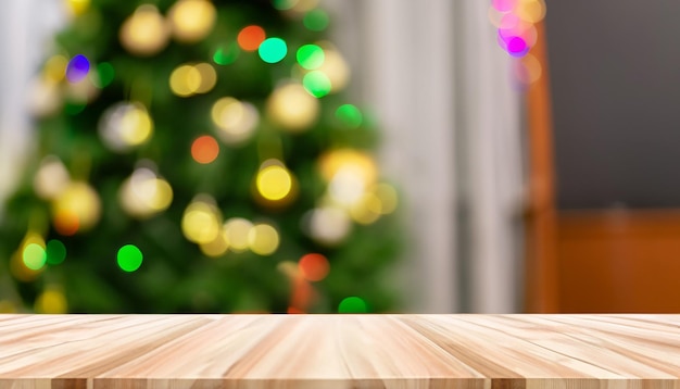 Christmas tree with top wood table and Blur background before Christmas day