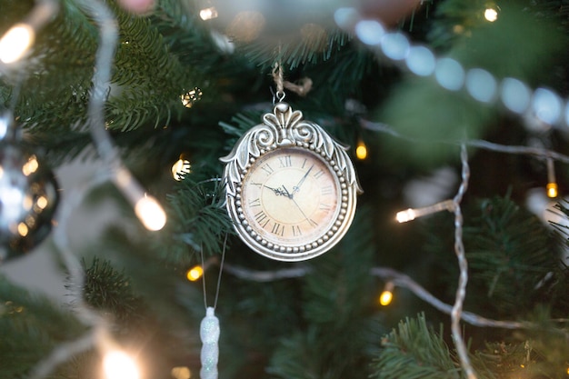 Christmas tree with toy clock decor