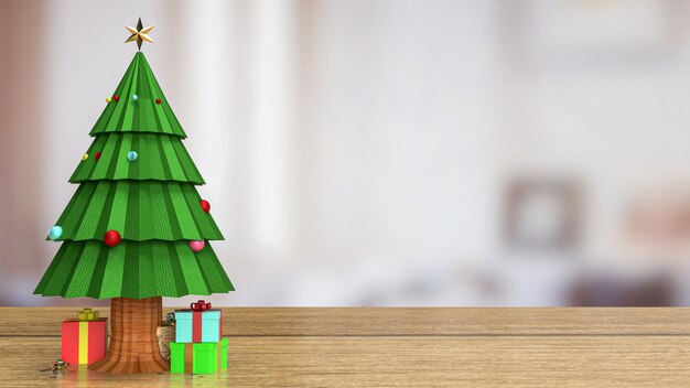 The Christmas tree on wood table for holiday celebration or  promotion business background 3d rendering