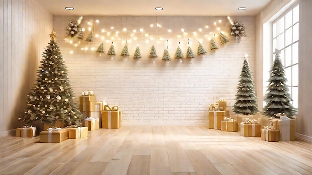 Christmas trees and gift box decorated wall with string light like a party generative AI