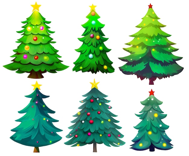 Christmas trees isolated on white background Set of cartoon digital illustrations