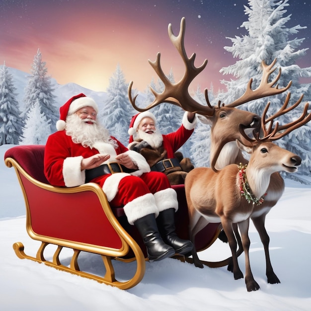 Photo christmas trees and santa in sleigh with reindeer of christmas background