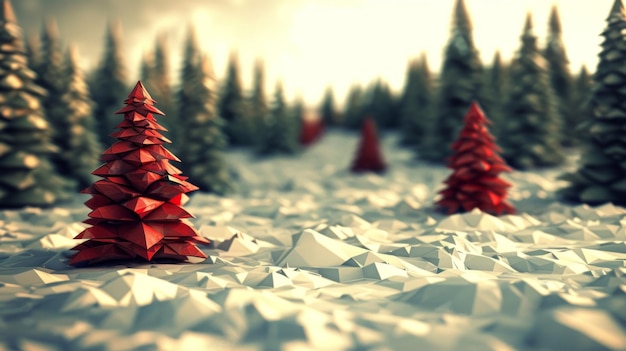 Christmas trees and snowflakes in the forest 3d rendering