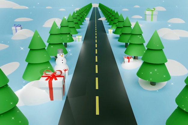 Christmas trees, snowman, snowdrift and xmas gifts along the road. Blue background. 3d render creative layout greeting card