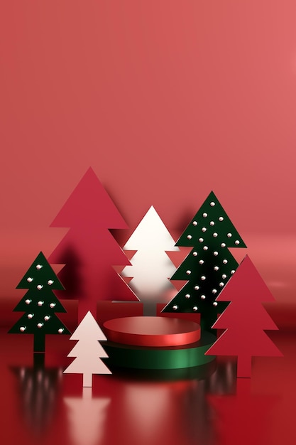 Photo christmas trees with color podium to show your product 3d render