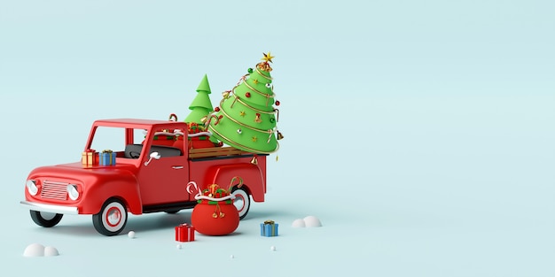 Christmas truck full of Christmas gifts and tree 3d rendering