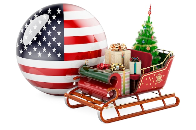 Christmas in the USA concept Christmas Santa sleigh full of gifts with the United States flag 3D rendering