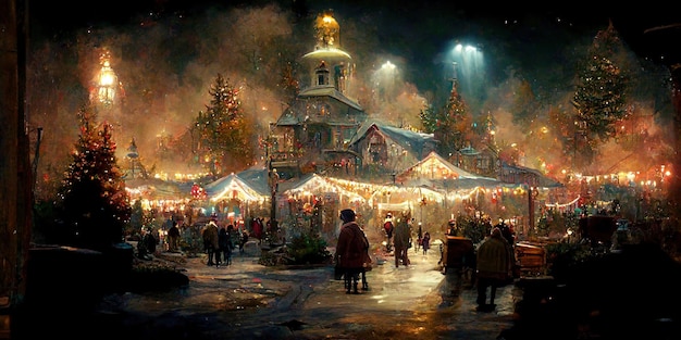 Christmas village. Digital illustration. Painting. Beautiful scenario