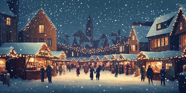 Photo a christmas village market scene with snowcapped rooftops twinkling lights