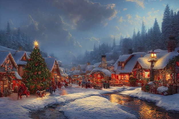 Christmas village in the mountains Winter landscape houses with christmas decorations