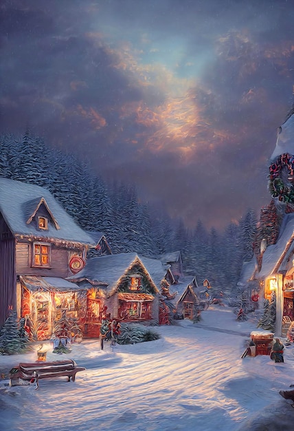 Christmas village in the mountains Winter landscape houses with christmas decorations