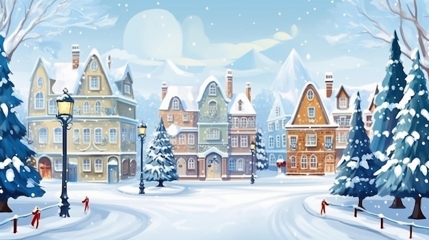 Christmas village winter postcard