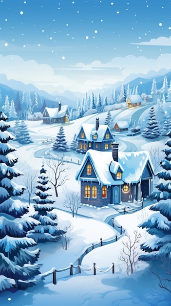 Christmas village winter postcard