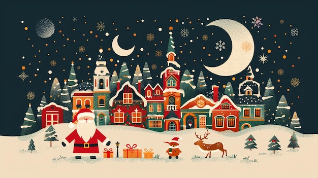 Photo christmas village with santa and reindeer vector flat design