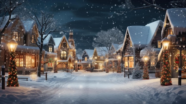 Christmas village with Snow in vintage style at night Winter village landscape with Christmas tree with lights