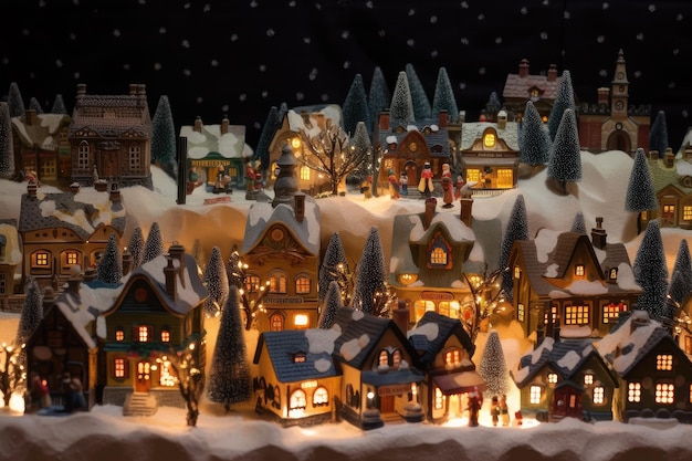 Christmas village with snowcovered rooftops and twinkling lights created with generative ai