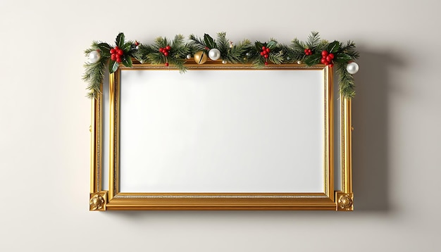 Christmas Vintage Gold Frame Adorned Along the Frame With Holly Berries and Tinsel Garland Accente