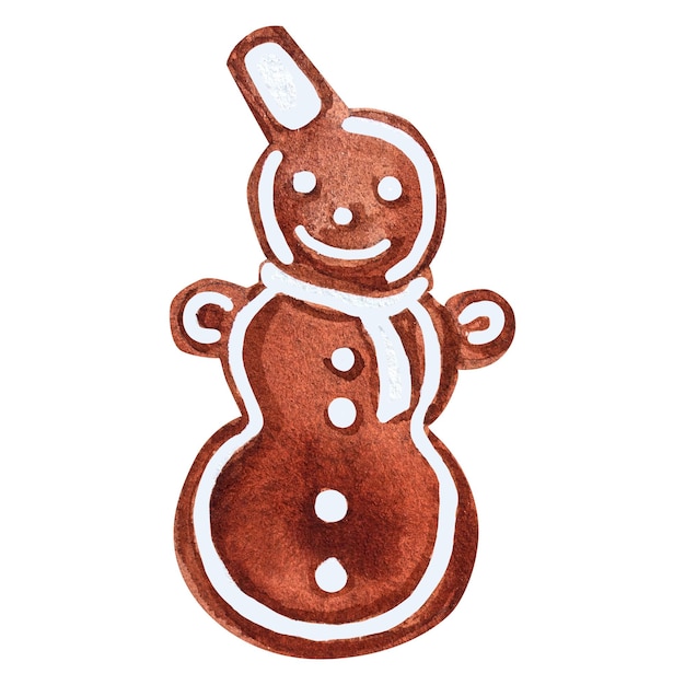 Christmas watercolor illustration of gingerbread in the shape of a snowman handmade drawing