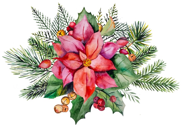 Christmas Watercolor illustration with Poinsettia flower fir tree branches berries and bells