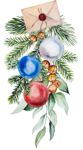 Christmas Watercolor illustration with sealed envelope baubles fir tree branches and bells