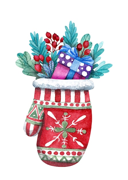 Christmas watercolor mitten with gifts