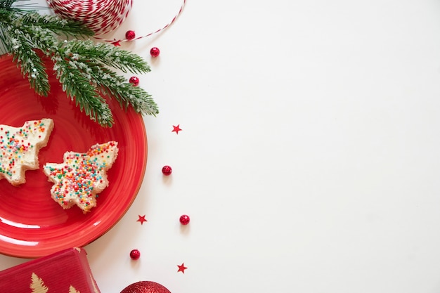 Christmas white background with edible christmas tree and empty space