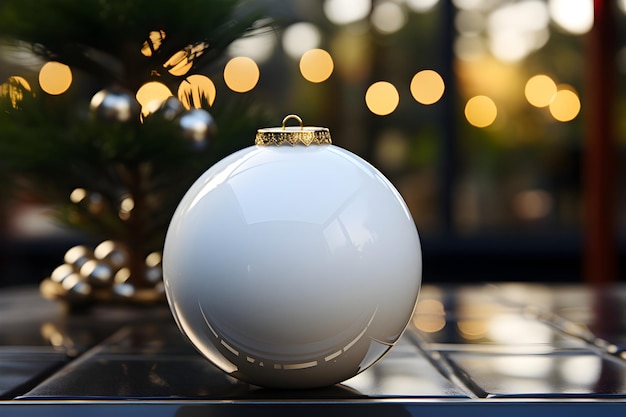 Christmas white round bauble ornament on glossy table with christmas tree decoration and blurred bokeh lights background