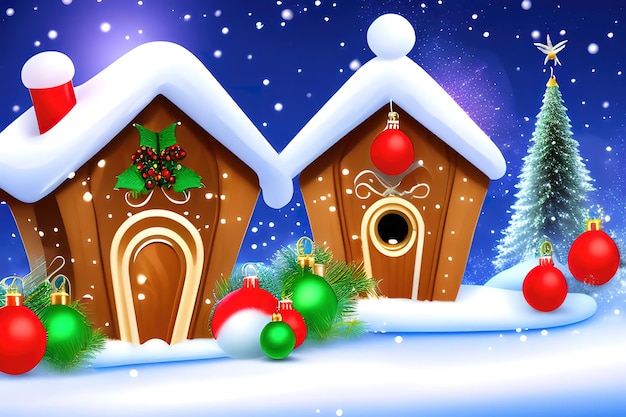 Christmas winter background with birdhouse and birds pecking berries on snow